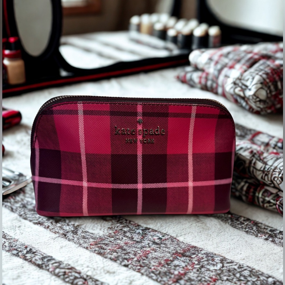 Kate Spade New York Red and Black Checkered Staci Plaid Small Cosmetic Case